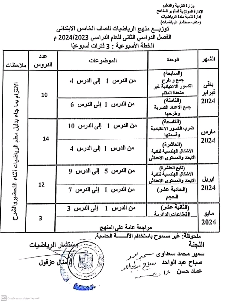 توزيع منهج الصف الخامس الإبتدائي الترم الثاني 2024